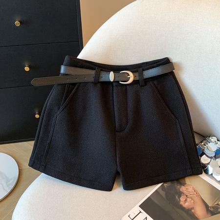 FA48309# 秋冬新款加厚灰色毛呢短裤女高腰显瘦配腰带西装裤阔腿裤热裤 服裝批發女裝批發服飾貨源