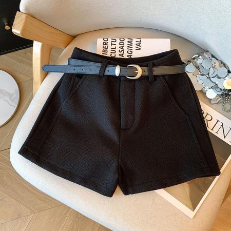 FA48309# 秋冬新款加厚灰色毛呢短裤女高腰显瘦配腰带西装裤阔腿裤热裤 服裝批發女裝批發服飾貨源