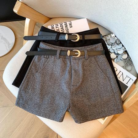 FA48309# 秋冬新款加厚灰色毛呢短裤女高腰显瘦配腰带西装裤阔腿裤热裤 服裝批發女裝批發服飾貨源