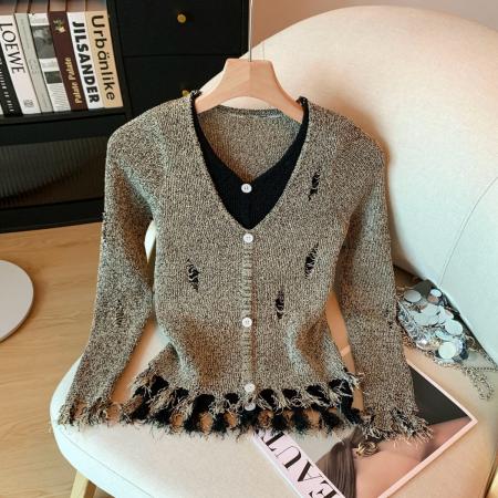 FA48311# 冬季新款打底破洞针织衫修身假两件内搭毛衣下摆流苏上衣 服裝批發女裝批發服飾貨源