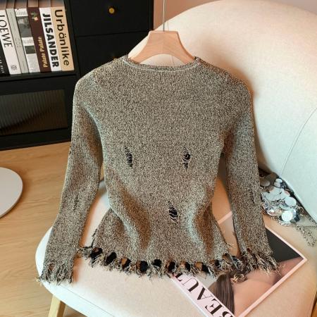 FA48311# 冬季新款打底破洞针织衫修身假两件内搭毛衣下摆流苏上衣 服裝批發女裝批發服飾貨源