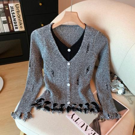 FA48311# 冬季新款打底破洞针织衫修身假两件内搭毛衣下摆流苏上衣 服裝批發女裝批發服飾貨源