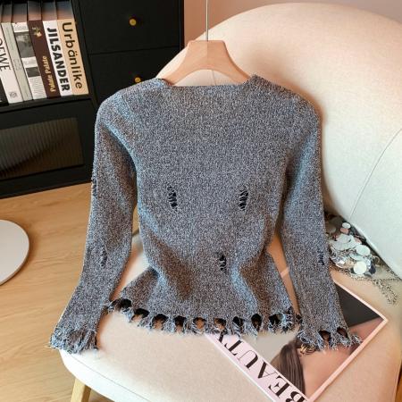 FA48311# 冬季新款打底破洞针织衫修身假两件内搭毛衣下摆流苏上衣 服裝批發女裝批發服飾貨源