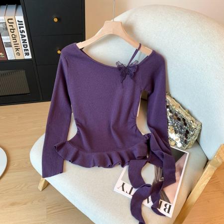 FA48312# 秋冬新款打底针织衫纯欲风斜肩不规则下摆内搭上衣 服裝批發女裝批發服飾貨源