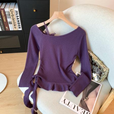 FA48312# 秋冬新款打底针织衫纯欲风斜肩不规则下摆内搭上衣 服裝批發女裝批發服飾貨源