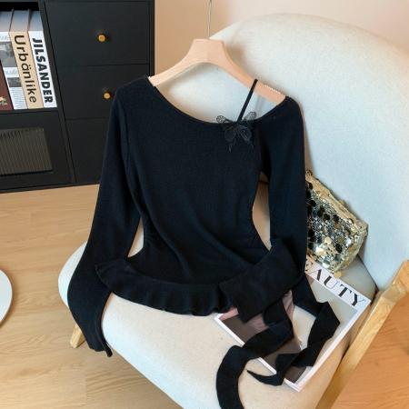 FA48312# 秋冬新款打底针织衫纯欲风斜肩不规则下摆内搭上衣 服裝批發女裝批發服飾貨源