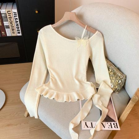 FA48312# 秋冬新款打底针织衫纯欲风斜肩不规则下摆内搭上衣 服裝批發女裝批發服飾貨源