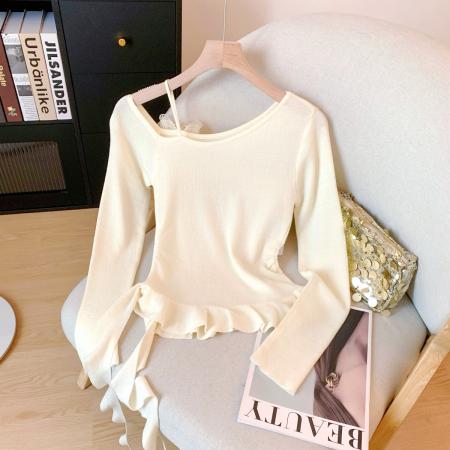 FA48312# 秋冬新款打底针织衫纯欲风斜肩不规则下摆内搭上衣 服裝批發女裝批發服飾貨源