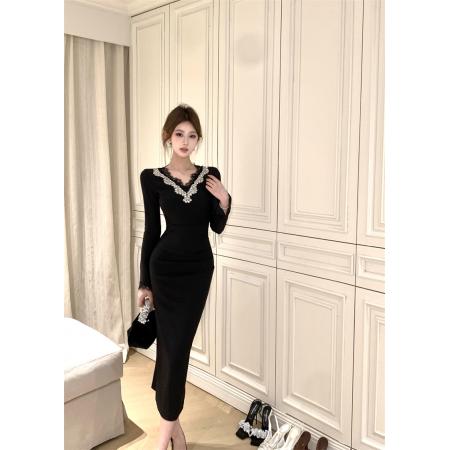 FA48313# 法式重工钉珠蕾丝袖连衣裙名媛收腰修身黑色包臀长裙高级感 服裝批發女裝批發服飾貨源