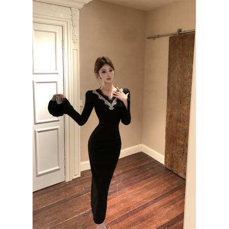 FA48313# 法式重工钉珠蕾丝袖连衣裙名媛收腰修身黑色包臀长裙高级感 服裝批發女裝批發服飾貨源