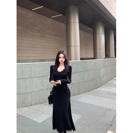 FA48314# 黑色V领蕾丝长袖鱼尾连衣裙女秋冬收腰气质内搭打底包臀长裙 服裝批發女裝批發服飾貨源