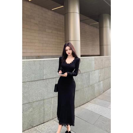 FA48314# 黑色V领蕾丝长袖鱼尾连衣裙女秋冬收腰气质内搭打底包臀长裙 服裝批發女裝批發服飾貨源