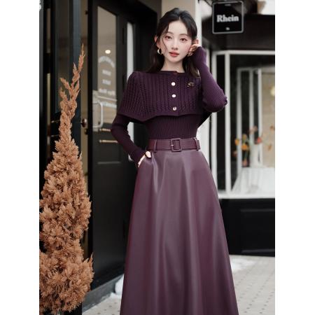 FA48320# 秋冬穿搭紫色毛衣针织两件套PU皮半裙套装女 服裝批發女裝批發服飾貨源