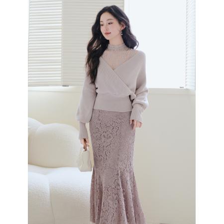 FA48321# 甜美蕾丝拼接灯笼袖罗纹针织衫+高腰蕾丝镂空鱼尾半身裙套装 服裝批發女裝批發服飾貨源