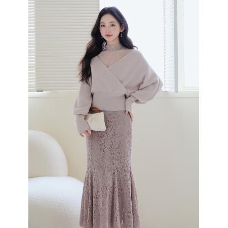 FA48321# 甜美蕾丝拼接灯笼袖罗纹针织衫+高腰蕾丝镂空鱼尾半身裙套装 服裝批發女裝批發服飾貨源