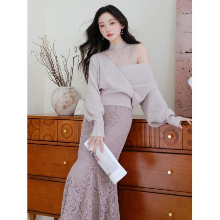 FA48321# 甜美蕾丝拼接灯笼袖罗纹针织衫+高腰蕾丝镂空鱼尾半身裙套装 服裝批發女裝批發服飾貨源