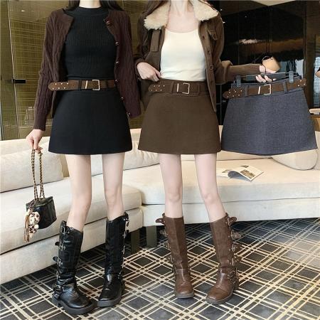FA48324# 呢料高腰半身裙女秋冬新款高级感修身通勤百搭a字裙短裙 服裝批發女裝批發服飾貨源