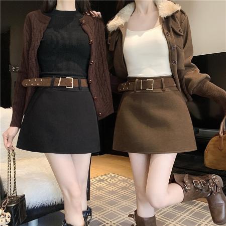 FA48324# 呢料高腰半身裙女秋冬新款高级感修身通勤百搭a字裙短裙 服裝批發女裝批發服飾貨源
