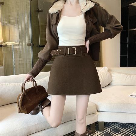 FA48324# 呢料高腰半身裙女秋冬新款高级感修身通勤百搭a字裙短裙 服裝批發女裝批發服飾貨源