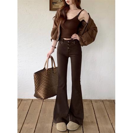 FA48326# 加厚加厚弹力中小高个子高腰显瘦百搭牛仔微喇叭长裤 服裝批發女裝批發服飾貨源