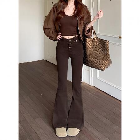 FA48326# 加厚加厚弹力中小高个子高腰显瘦百搭牛仔微喇叭长裤 服裝批發女裝批發服飾貨源