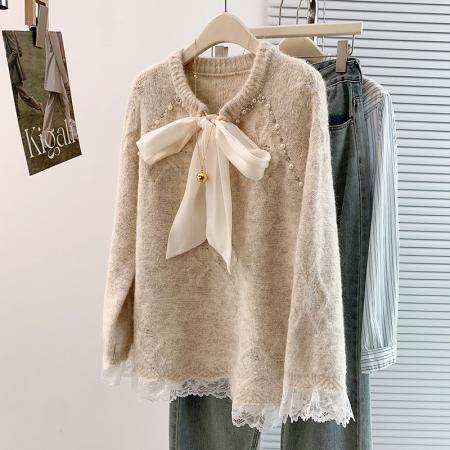 FA48327# 秋冬新款法式蕾丝重工钉珠大蝴蝶结正肩显瘦遮屁股针织衫毛衣 服裝批發女裝批發服飾貨源