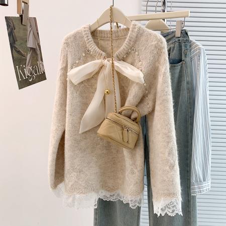 FA48327# 秋冬新款法式蕾丝重工钉珠大蝴蝶结正肩显瘦遮屁股针织衫毛衣 服裝批發女裝批發服飾貨源