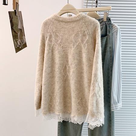 FA48327# 秋冬新款法式蕾丝重工钉珠大蝴蝶结正肩显瘦遮屁股针织衫毛衣 服裝批發女裝批發服飾貨源