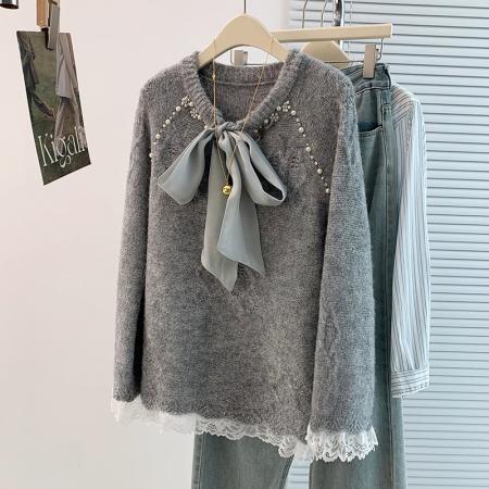 FA48327# 秋冬新款法式蕾丝重工钉珠大蝴蝶结正肩显瘦遮屁股针织衫毛衣 服裝批發女裝批發服飾貨源