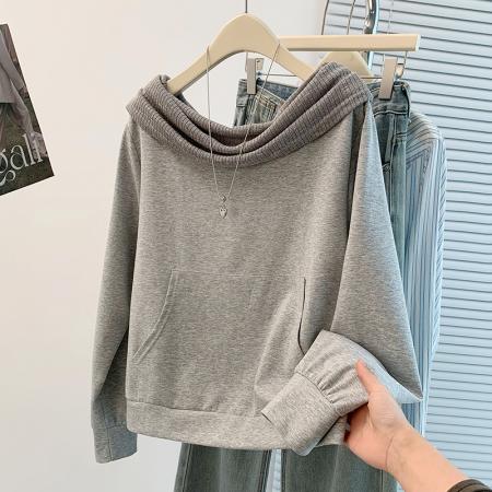 FA48328# 秋冬新款韩版设计感洋气减龄一字肩套头百搭T恤卫衣 服裝批發女裝批發服飾貨源