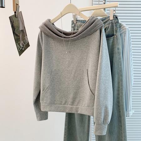 FA48328# 秋冬新款韩版设计感洋气减龄一字肩套头百搭T恤卫衣 服裝批發女裝批發服飾貨源