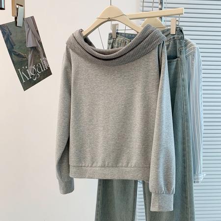 FA48328# 秋冬新款韩版设计感洋气减龄一字肩套头百搭T恤卫衣 服裝批發女裝批發服飾貨源