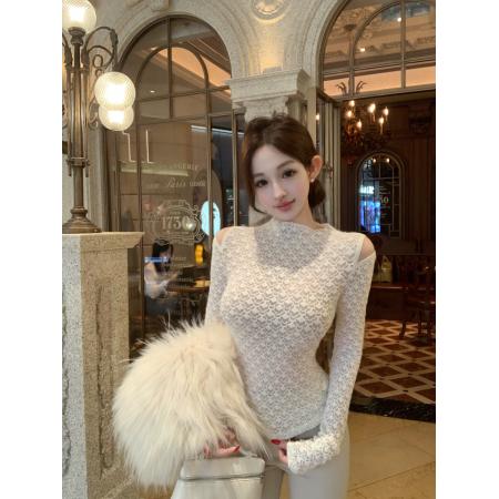 FA48329# 镂空半高领蕾丝衫上衣女秋季气质内搭修身长袖打底衫 服裝批發女裝批發服飾貨源