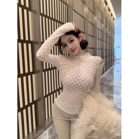 FA48329# 镂空半高领蕾丝衫上衣女秋季气质内搭修身长袖打底衫 服裝批發女裝批發服飾貨源