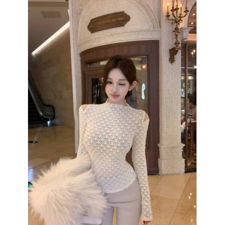 FA48329# 镂空半高领蕾丝衫上衣女秋季气质内搭修身长袖打底衫 服裝批發女裝批發服飾貨源