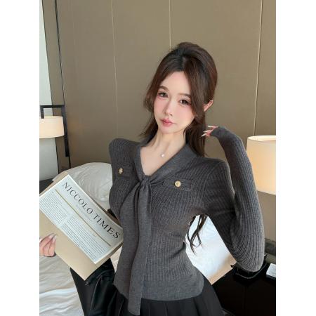 FA48330# 设计感v领长袖针织衫女秋季收腰内搭打底衫灰色毛衣 服裝批發女裝批發服飾貨源