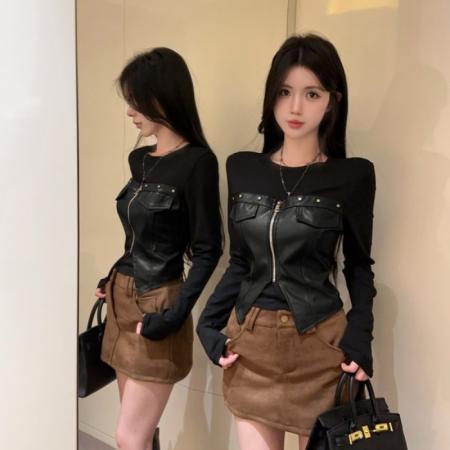 FA48333# 独特拉链柳丁酷飚辣妹PU拼接长袖T恤冬季辣妹风假两件T恤 服裝批發女裝批發服飾貨源