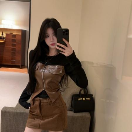 FA48333# 独特拉链柳丁酷飚辣妹PU拼接长袖T恤冬季辣妹风假两件T恤 服裝批發女裝批發服飾貨源