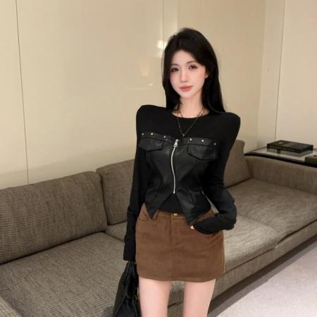 FA48333# 独特拉链柳丁酷飚辣妹PU拼接长袖T恤冬季辣妹风假两件T恤 服裝批發女裝批發服飾貨源