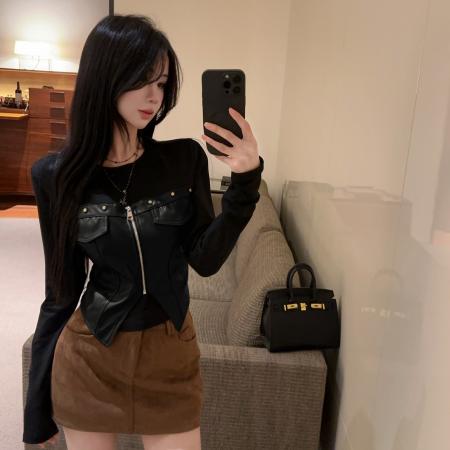 FA48333# 独特拉链柳丁酷飚辣妹PU拼接长袖T恤冬季辣妹风假两件T恤 服裝批發女裝批發服飾貨源