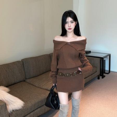 FA48334# 一字肩毛衣裙秋冬收腰美拉德辣妹露肩针织包臀短裙配腰带 服裝批發女裝批發服飾貨源