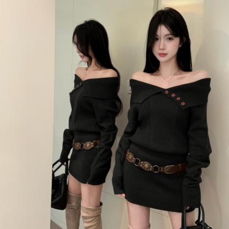 FA48334# 一字肩毛衣裙秋冬收腰美拉德辣妹露肩针织包臀短裙配腰带 服裝批發女裝批發服飾貨源