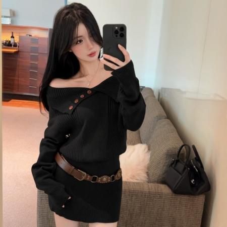 FA48334# 一字肩毛衣裙秋冬收腰美拉德辣妹露肩针织包臀短裙配腰带 服裝批發女裝批發服飾貨源