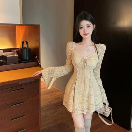 FA48335# 法式性感露肩一字领蕾丝拼接长袖连衣裙女秋冬新款收腰 服裝批發女裝批發服飾貨源