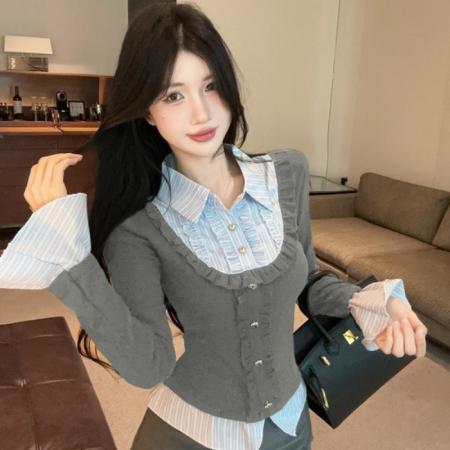 FA48336# 法式假两件女秋冬巨好看的娃娃领上衣打底衫内搭条纹衬衫 服裝批發女裝批發服飾貨源