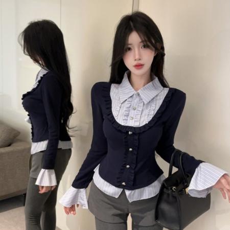 FA48336# 法式假两件女秋冬巨好看的娃娃领上衣打底衫内搭条纹衬衫 服裝批發女裝批發服飾貨源