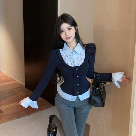 FA48336# 法式假两件女秋冬巨好看的娃娃领上衣打底衫内搭条纹衬衫 服裝批發女裝批發服飾貨源