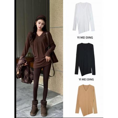 FA48338# 新款V领设计感素版蝙蝠袖磨毛百搭T裙 服裝批發女裝批發服飾貨源