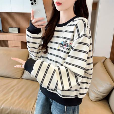 FA48339# 春秋韩版宽松条纹绣花拼接插色华棉卫衣女 服裝批發女裝批發服飾貨源