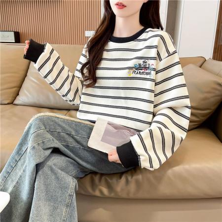 FA48339# 春秋韩版宽松条纹绣花拼接插色华棉卫衣女 服裝批發女裝批發服飾貨源